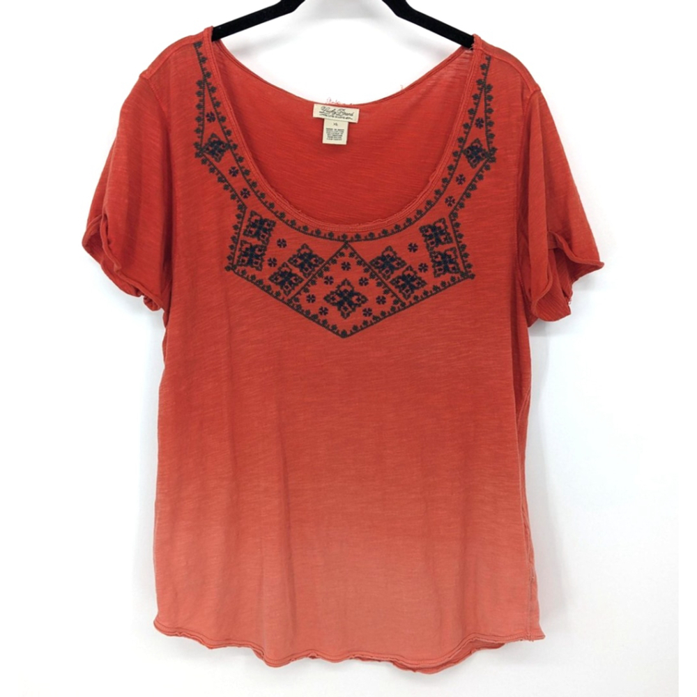 Lucky Brand Shirt Women XL Orange Ombre Embroidered Boho Short Sleeve Casual Top